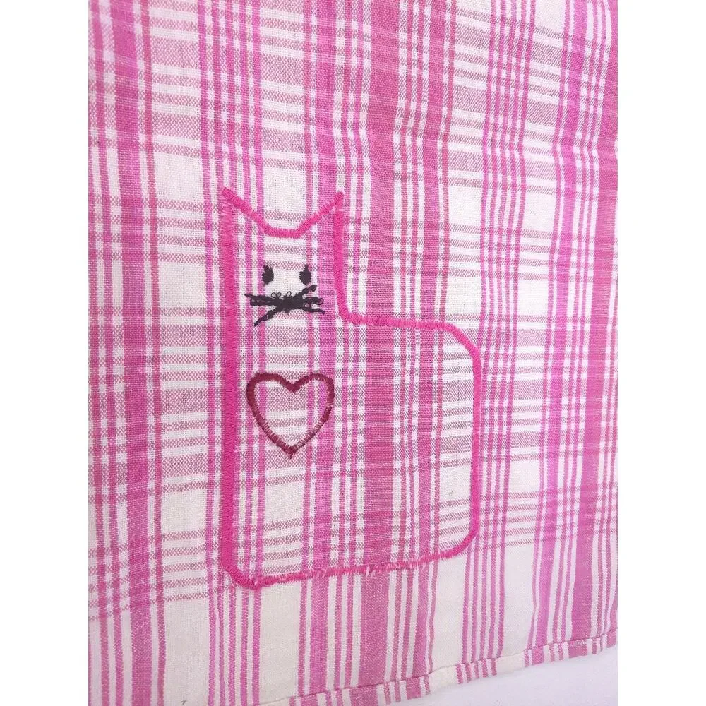 Vintage Pink Plaid Gingham Cat Reversible Tea Hand Towel Cottagecore Applique
